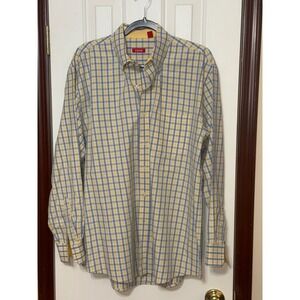 IZOD Plaid Button Down Shirt Mens Large Long Sleeve Casual Yellow‎ Blue